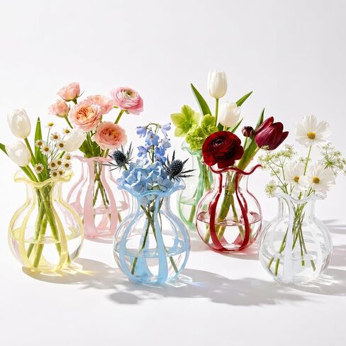 Ruffled Ribbon Hand-Blown Glass Vase Set Small Clear Flower Vases for Centerpieces, Weddings, and Home Decor, Thickened Base for Stability (6, Ribbon) in Kuwait