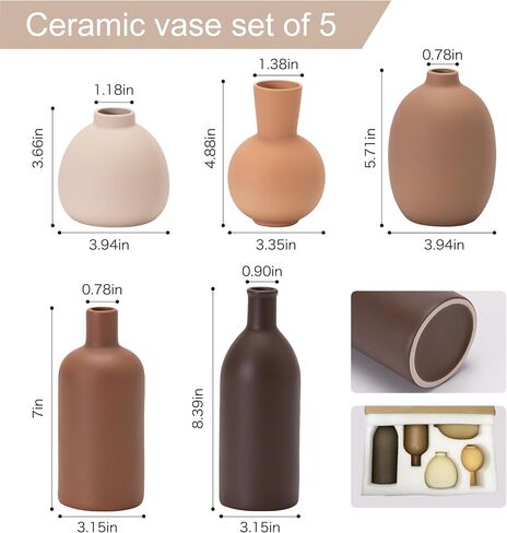 Small Ceramic Flower Vase Set, 5 Pack Modern Decorative Vases, Farmhouse Style Ornaments for Living Room, Kitchen, Bedroom, Party, Wedding in Kuwait