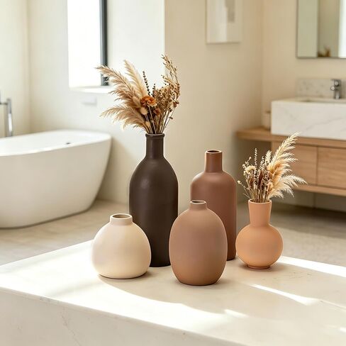Small Ceramic Flower Vase Set, 5 Pack Modern Decorative Vases, Farmhouse Style Ornaments for Living Room, Kitchen, Bedroom, Party, Wedding in Kuwait
