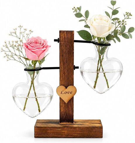 TerraSol Heart-Shaped Glass Propagation Station with Rustic Wooden Stand, Single Vase Hydroponic Planter, Love Accent Decor (Two) in Saudi Arabia