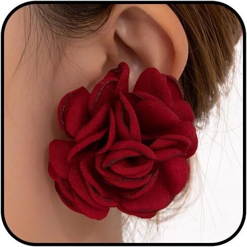 Charm Red Rose Flower Earrings for Women Vintage Statement Big Fabric Camellia Floral Stud Earring Y2k Valentines Jewelry Gift Party Dress Accessories in Saudi Arabia