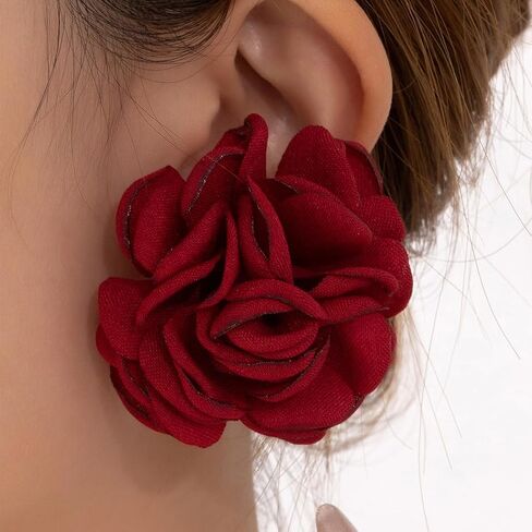 Charm Red Rose Flower Earrings for Women Vintage Statement Big Fabric Camellia Floral Stud Earring Y2k Valentines Jewelry Gift Party Dress Accessories in Saudi Arabia