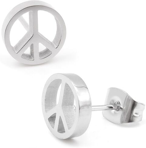 Steelmeup Stainless Steel Hollow Peace Sign Stud Earrings - Silver Tone 8mm Unisex Design for Women and Men, Symbol Jewelry in Kuwait