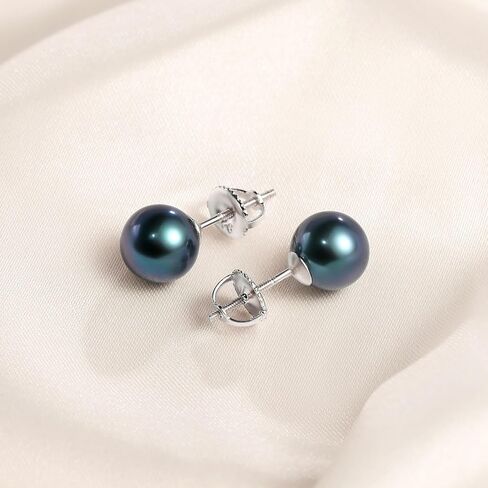 Black Pearl Stud Earrings, Akoya Cultured Pearl in 925 Sterling Silver, Hypoallergenic & Security Screw Backing, Jewelry Gifts for Women, 8-8.5mm in Saudi Arabia