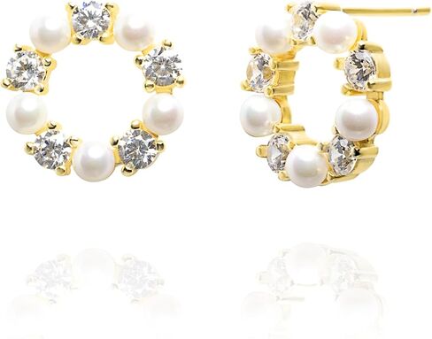 925 Sterling Silver 14K Gold Plated Pearl Stud Earrings for Women, Round Pearl with Zircon Accent, Unique Circle Design Hypoallergenic Jewelry Gift for Girlfriend, Wife, Anniversary, Birthday in Saudi Arabia