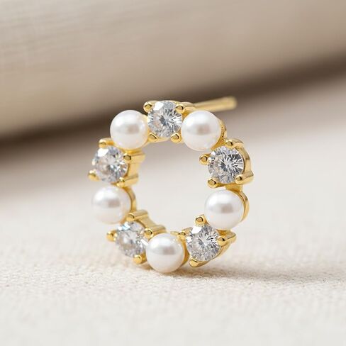 925 Sterling Silver 14K Gold Plated Pearl Stud Earrings for Women, Round Pearl with Zircon Accent, Unique Circle Design Hypoallergenic Jewelry Gift for Girlfriend, Wife, Anniversary, Birthday in Saudi Arabia