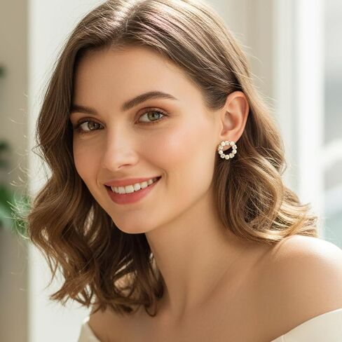 925 Sterling Silver 14K Gold Plated Pearl Stud Earrings for Women, Round Pearl with Zircon Accent, Unique Circle Design Hypoallergenic Jewelry Gift for Girlfriend, Wife, Anniversary, Birthday in Saudi Arabia