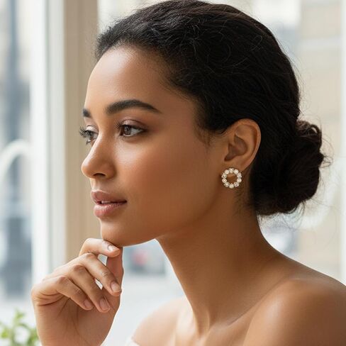 925 Sterling Silver 14K Gold Plated Pearl Stud Earrings for Women, Round Pearl with Zircon Accent, Unique Circle Design Hypoallergenic Jewelry Gift for Girlfriend, Wife, Anniversary, Birthday in Saudi Arabia