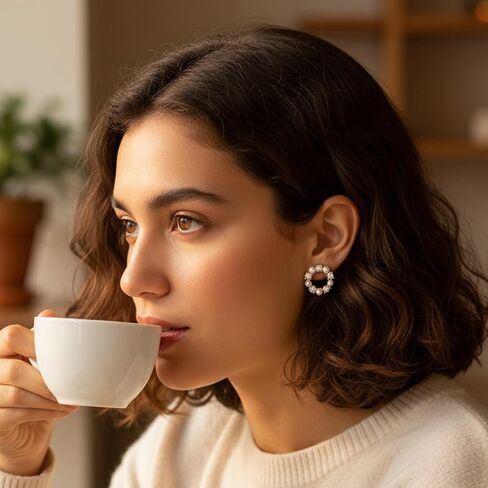 925 Sterling Silver 14K Gold Plated Pearl Stud Earrings for Women, Round Pearl with Zircon Accent, Unique Circle Design Hypoallergenic Jewelry Gift for Girlfriend, Wife, Anniversary, Birthday in Saudi Arabia