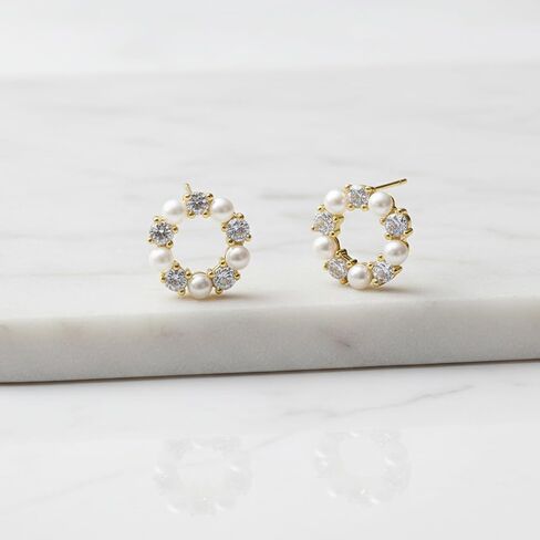 925 Sterling Silver 14K Gold Plated Pearl Stud Earrings for Women, Round Pearl with Zircon Accent, Unique Circle Design Hypoallergenic Jewelry Gift for Girlfriend, Wife, Anniversary, Birthday in Saudi Arabia