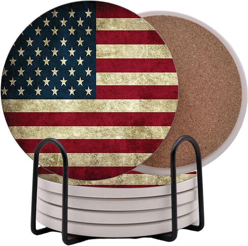 USA American Flag United States Round Coasters Set of 6 - Abosrbent Ceramic with Metal Stand for Drinks, Coffee, Non-Slip Cork Back for Tabletop Protection, 4 Inches (Rustic) in Saudi Arabia