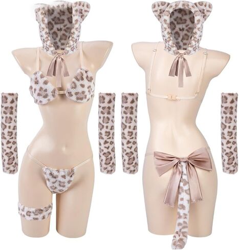 SNOMYRS Kawaii Plush Lingerie for Women Sexy Bow Furry Panty Outfits Tiger Leopard Dot Pajamas Cosplay Costume Valentine Gift in Kuwait
