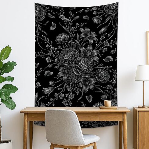 Black Floral Tapestry, Elegant Flower Wall Hanging, Vintage Decor for Living Room, Bedroom, Aesthetic Home Decoration 30x40 Inch in Kuwait