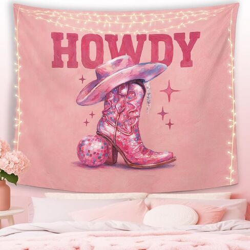 MNOSAIOO Howdy Western Disco Ball Boots Wall Tapestry Hanging for Bedroom Cowgirl Cowboy, Pink Preppy Trendy Tapestries, Retro Girly Room Wall Decor Banner for Bedroom Dorm Classroom Home 50x60 inch in Saudi Arabia