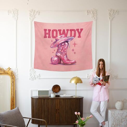 MNOSAIOO Howdy Western Disco Ball Boots Wall Tapestry Hanging for Bedroom Cowgirl Cowboy, Pink Preppy Trendy Tapestries, Retro Girly Room Wall Decor Banner for Bedroom Dorm Classroom Home 50x60 inch in Saudi Arabia
