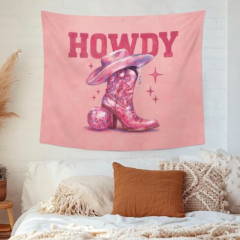 MNOSAIOO Howdy Western Disco Ball Boots Wall Tapestry Hanging for Bedroom Cowgirl Cowboy, Pink Preppy Trendy Tapestries, Retro Girly Room Wall Decor Banner for Bedroom Dorm Classroom Home 50x60 inch in Saudi Arabia