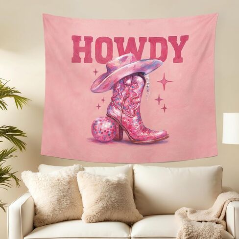 MNOSAIOO Howdy Western Disco Ball Boots Wall Tapestry Hanging for Bedroom Cowgirl Cowboy, Pink Preppy Trendy Tapestries, Retro Girly Room Wall Decor Banner for Bedroom Dorm Classroom Home 50x60 inch in Saudi Arabia