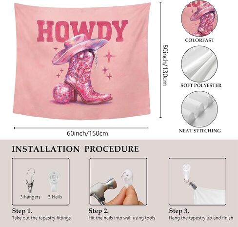 MNOSAIOO Howdy Western Disco Ball Boots Wall Tapestry Hanging for Bedroom Cowgirl Cowboy, Pink Preppy Trendy Tapestries, Retro Girly Room Wall Decor Banner for Bedroom Dorm Classroom Home 50x60 inch in Saudi Arabia