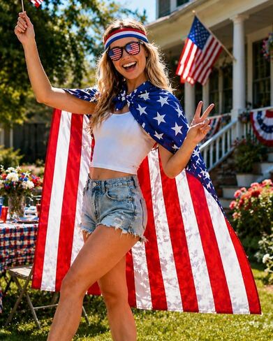 Flag Costume Cape Set for 4th of July, Patriotic Sunglasses, Headband, and Flag Outfit for Adult Men Women in Kuwait
