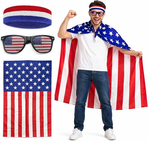 Flag Costume Cape Set for 4th of July, Patriotic Sunglasses, Headband, and Flag Outfit for Adult Men Women in Kuwait