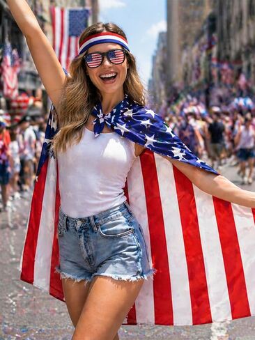 Flag Costume Cape Set for 4th of July, Patriotic Sunglasses, Headband, and Flag Outfit for Adult Men Women in Kuwait