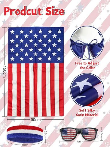 Flag Costume Cape Set for 4th of July, Patriotic Sunglasses, Headband, and Flag Outfit for Adult Men Women in Kuwait