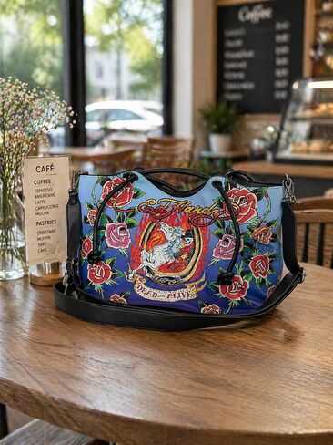 ED HARDY Women’s Dead Alive Rose Tote Shoulder Bag with Adjustable Crossbody Strap, Large Graphic Handbag, 17 x 10 in (Midnight Stallion Bloom) in Saudi Arabia