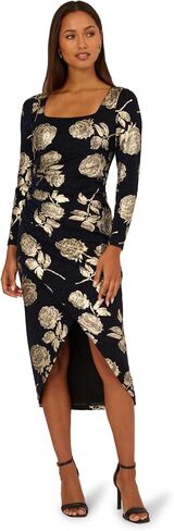 Adrianna Papell Long Sleeve Stretch Metallic Rose Floral Midi Dress in Saudi Arabia