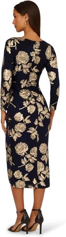 Adrianna Papell Long Sleeve Stretch Metallic Rose Floral Midi Dress in Saudi Arabia
