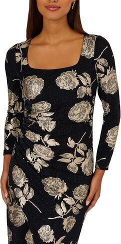 Adrianna Papell Long Sleeve Stretch Metallic Rose Floral Midi Dress in Saudi Arabia