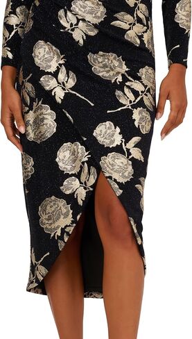 Adrianna Papell Long Sleeve Stretch Metallic Rose Floral Midi Dress in Saudi Arabia