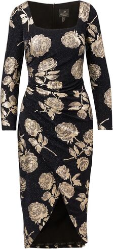 Adrianna Papell Long Sleeve Stretch Metallic Rose Floral Midi Dress in Saudi Arabia