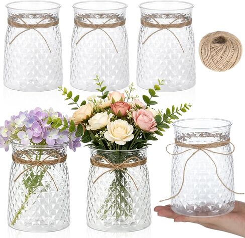 6 Pcs 4.3 in Caliber Plastic Vases Bulk for Centerpieces Table 6.3 in Height Plastic Flower Bud Vases Bulk with Twines Ropes for Wedding Reception Dining Table Home Decoration in Saudi Arabia