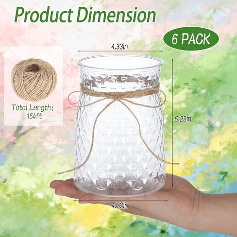 6 Pcs 4.3 in Caliber Plastic Vases Bulk for Centerpieces Table 6.3 in Height Plastic Flower Bud Vases Bulk with Twines Ropes for Wedding Reception Dining Table Home Decoration in Saudi Arabia