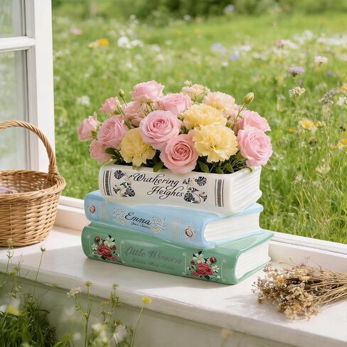 Book-Shaped Decorative Planter Pot - Unique Plant Vase & Bookshelf Desktop Office Decor for Book Lovers|Ceramic Planter with Drainage| Gift for Plant Lovers, Home Decor Enthusiasts in Saudi Arabia