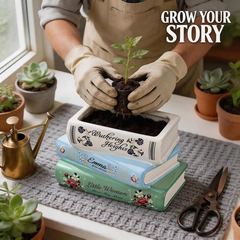 Book-Shaped Decorative Planter Pot - Unique Plant Vase & Bookshelf Desktop Office Decor for Book Lovers|Ceramic Planter with Drainage| Gift for Plant Lovers, Home Decor Enthusiasts in Saudi Arabia