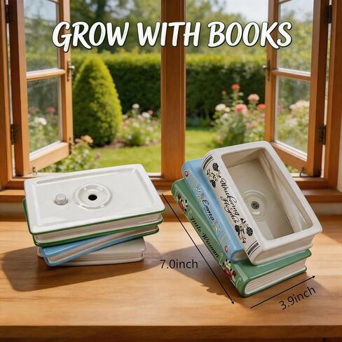 Book-Shaped Decorative Planter Pot - Unique Plant Vase & Bookshelf Desktop Office Decor for Book Lovers|Ceramic Planter with Drainage| Gift for Plant Lovers, Home Decor Enthusiasts in Saudi Arabia