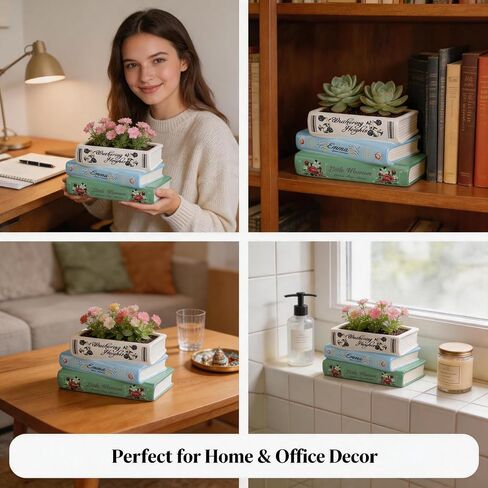 Book-Shaped Decorative Planter Pot - Unique Plant Vase & Bookshelf Desktop Office Decor for Book Lovers|Ceramic Planter with Drainage| Gift for Plant Lovers, Home Decor Enthusiasts in Saudi Arabia