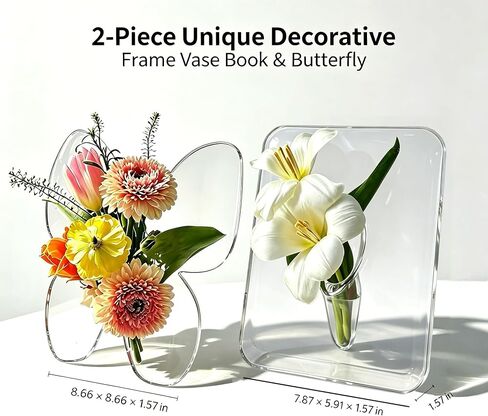 AZY 2-Piece Clear Acrylic Book Vase Set, Book & Butterfly Floral Holder, Unique Flower Vase, Decorative Frame Design, Modern Home Decor for Shelf, Office & Living Space in Saudi Arabia