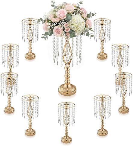 10 Pcs 21.5" Tall Gold Centerpieces for Table, Open Lattice Midsection Trumpet Base Vase Stands with Hanging Crystals, Metal Flower Holders for Wedding Receptions,Parties & Event Decor in Saudi Arabia