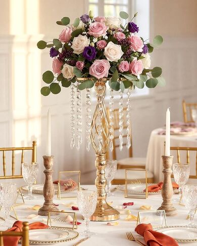 10 Pcs 21.5" Tall Gold Centerpieces for Table, Open Lattice Midsection Trumpet Base Vase Stands with Hanging Crystals, Metal Flower Holders for Wedding Receptions,Parties & Event Decor in Saudi Arabia