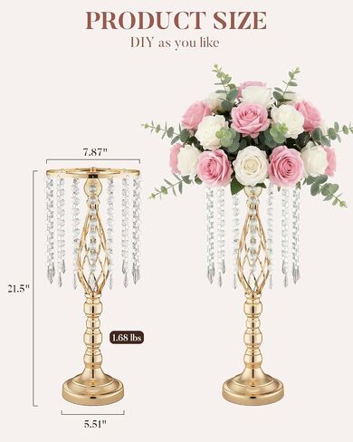 10 Pcs 21.5" Tall Gold Centerpieces for Table, Open Lattice Midsection Trumpet Base Vase Stands with Hanging Crystals, Metal Flower Holders for Wedding Receptions,Parties & Event Decor in Saudi Arabia