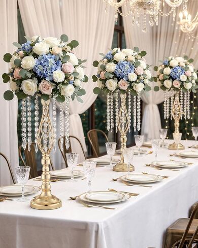 10 Pcs 21.5" Tall Gold Centerpieces for Table, Open Lattice Midsection Trumpet Base Vase Stands with Hanging Crystals, Metal Flower Holders for Wedding Receptions,Parties & Event Decor in Saudi Arabia