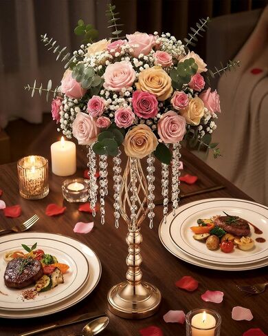 10 Pcs 21.5" Tall Gold Centerpieces for Table, Open Lattice Midsection Trumpet Base Vase Stands with Hanging Crystals, Metal Flower Holders for Wedding Receptions,Parties & Event Decor in Saudi Arabia