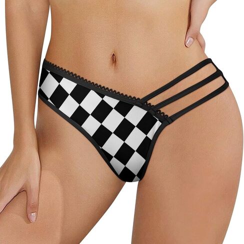 Black White Race Checkered Flag Pattern Womens Sexy Panties Underwear Mesh Low Waist Thongs in Saudi Arabia