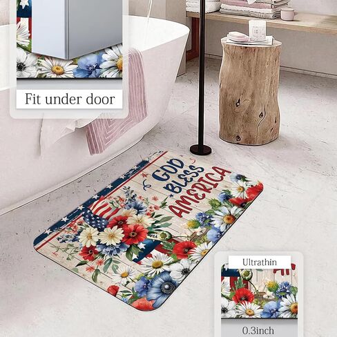APROPHIC 4th of July Bathroom Mat for Decor,Floral Star Plank Bath Rug, Independence Day Non-Slip Rubber Backing, Absorbent Quick-Drying Floor Mat, Ultra-Thin Fit Under The Door, 17x24 in,Blue Red in Saudi Arabia