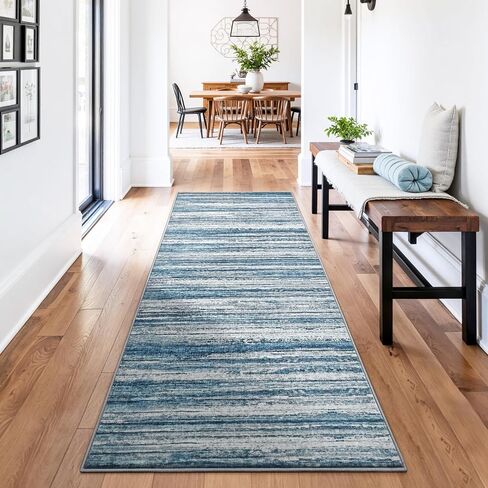 Chicrug 2x6 Hallway Washable Runner Rugs for Bedroom, Non Slip Striped Abstract Runners Rug for Entryway Kitchen, Low Pile Indoor Floor Carpet Runner for Laundry Room Dorm Bedside Decor, Blue in Saudi Arabia