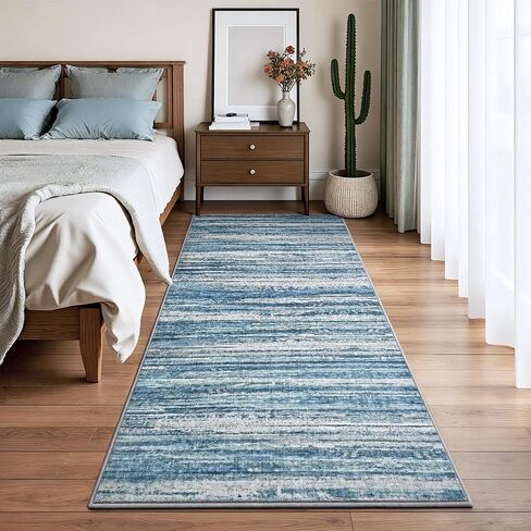 Chicrug 2x6 Hallway Washable Runner Rugs for Bedroom, Non Slip Striped Abstract Runners Rug for Entryway Kitchen, Low Pile Indoor Floor Carpet Runner for Laundry Room Dorm Bedside Decor, Blue in Saudi Arabia