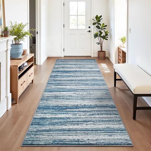 Chicrug 2x6 Hallway Washable Runner Rugs for Bedroom, Non Slip Striped Abstract Runners Rug for Entryway Kitchen, Low Pile Indoor Floor Carpet Runner for Laundry Room Dorm Bedside Decor, Blue in Saudi Arabia