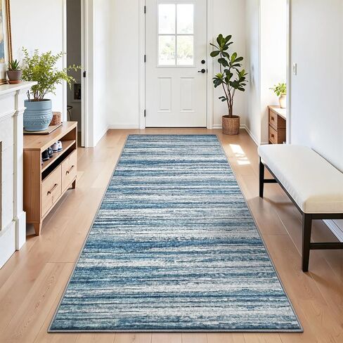 Chicrug 2x6 Hallway Washable Runner Rugs for Bedroom, Non Slip Striped Abstract Runners Rug for Entryway Kitchen, Low Pile Indoor Floor Carpet Runner for Laundry Room Dorm Bedside Decor, Blue in Saudi Arabia